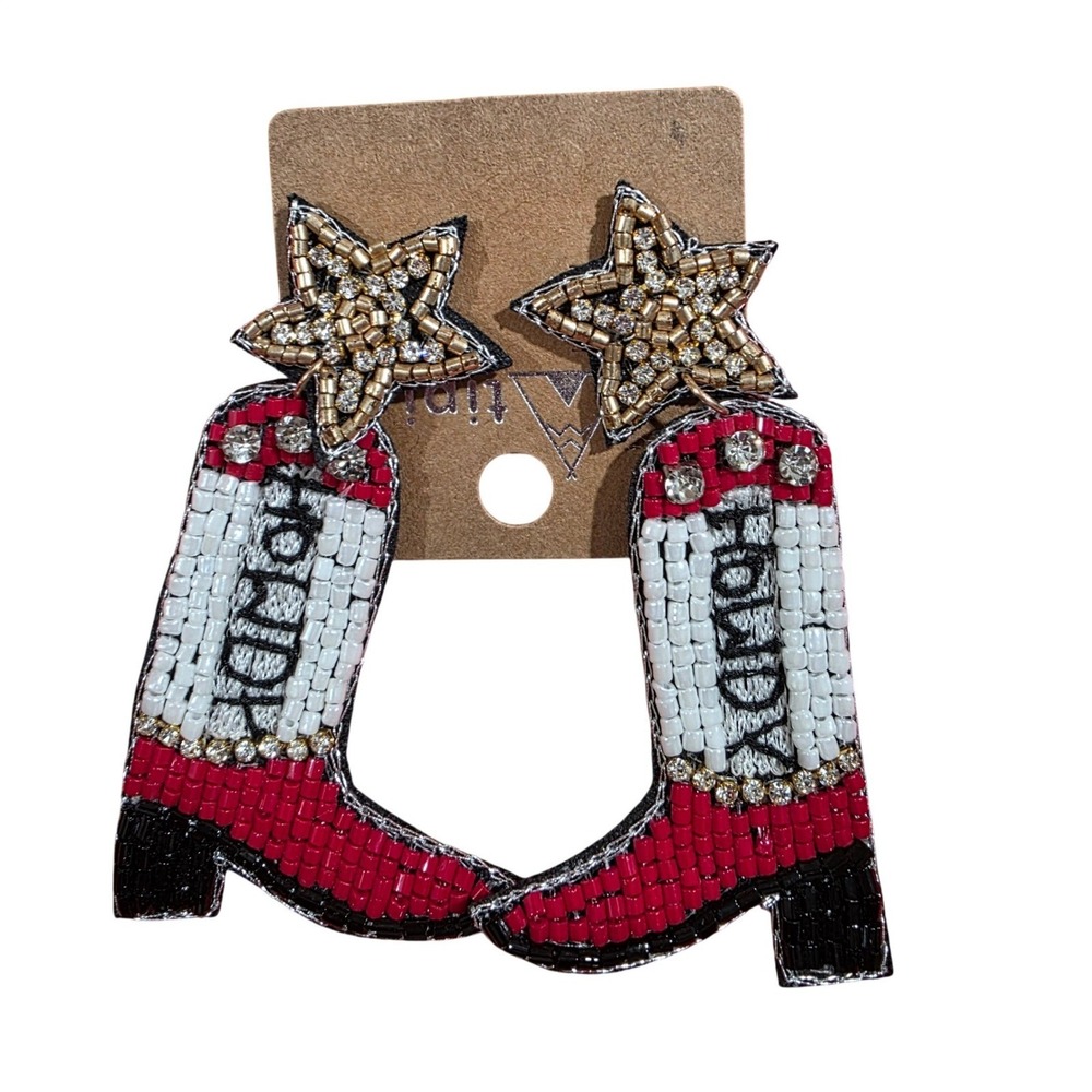 Cowboy Boot Star Beaded Dangle Earrings Western Country Rodeo Fun NWT